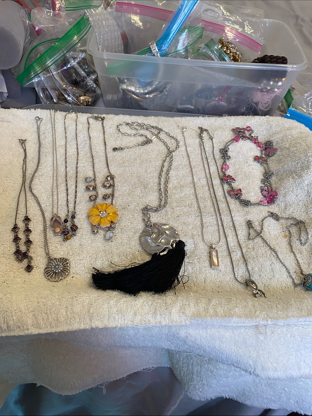 Set of silver-Tone Necklaces with Black Tassel and Yellow Flower Accent